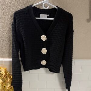 LUSH Black Cardigan with cream crochet Flowers , oversized . NEW w/o Tags